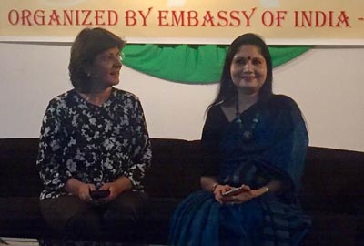 Tourism Minister Lina Annab and India’s Ambassador to Jordan Shubhdarshini Tripathi attend a ceremony to screen a Bollywood film in Amman on Thursday  (Photo by Suzanna Goussous)